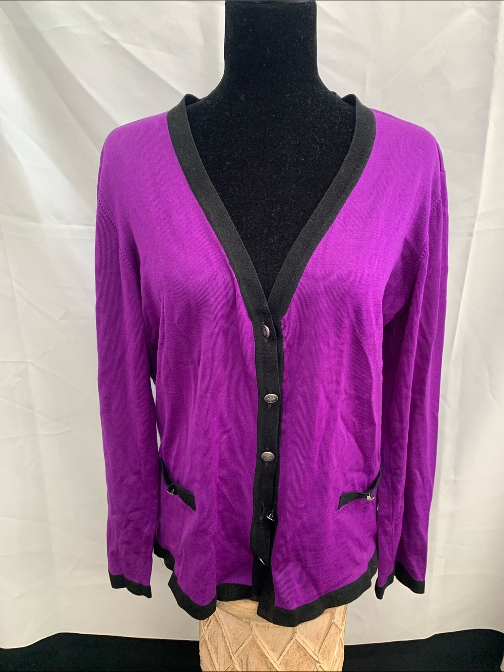 Escada Purple V-Neck Button Cardigan with Black Trim